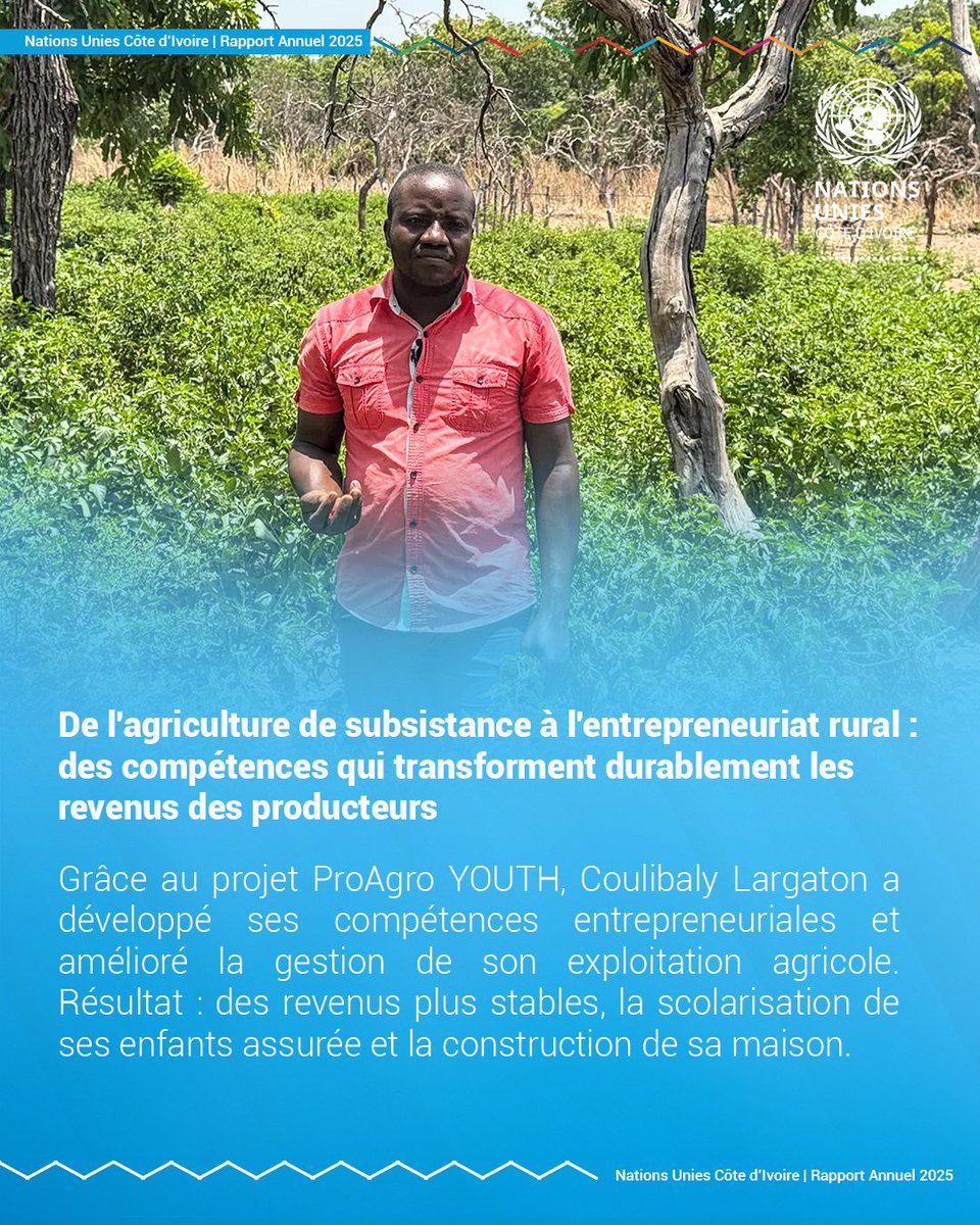 ONU_CIV's tweet photo. 🚜 La transformation agricole change des vies.

Grâce à ProAgro Youth de l'@OITAbidjan, Coulibaly a renforcé la gestion de son exploitation. Soro a développé son activité d'élevage et amélioré durablement ses revenus.

📘 https://t.co/IQfOSRG0dN

#DesRésultatsQuiChangentDesVies https://t.co/XBOQchDjft