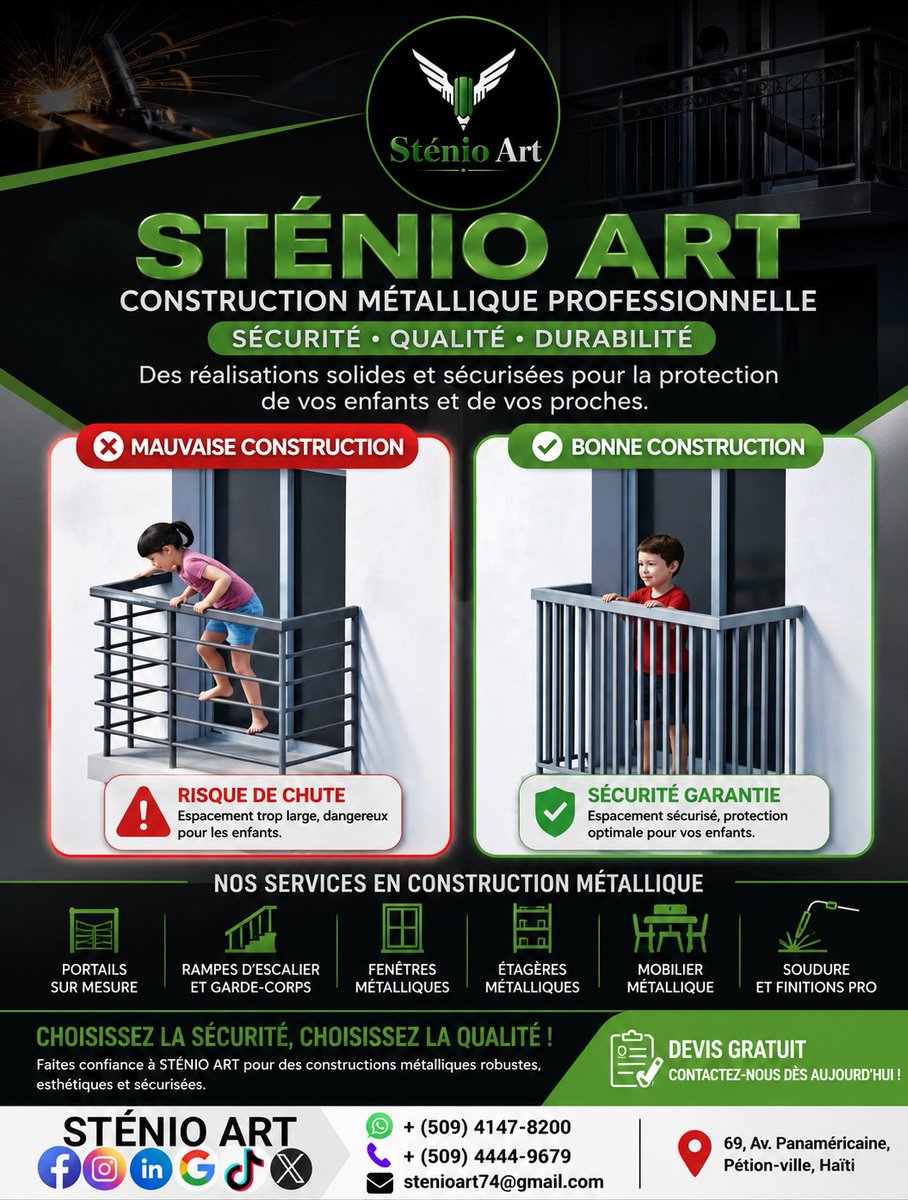 StenioArt's tweet photo. Un garde-corps mal conçu peut mettre la vie de vos enfants et de vos proches en danger. Chez STÉNIO ART, nous fabriquons des ouvrages métalliques qui respectent les principes de sécurité, de solidité et de durabilité. https://t.co/PG5qhGmdoj