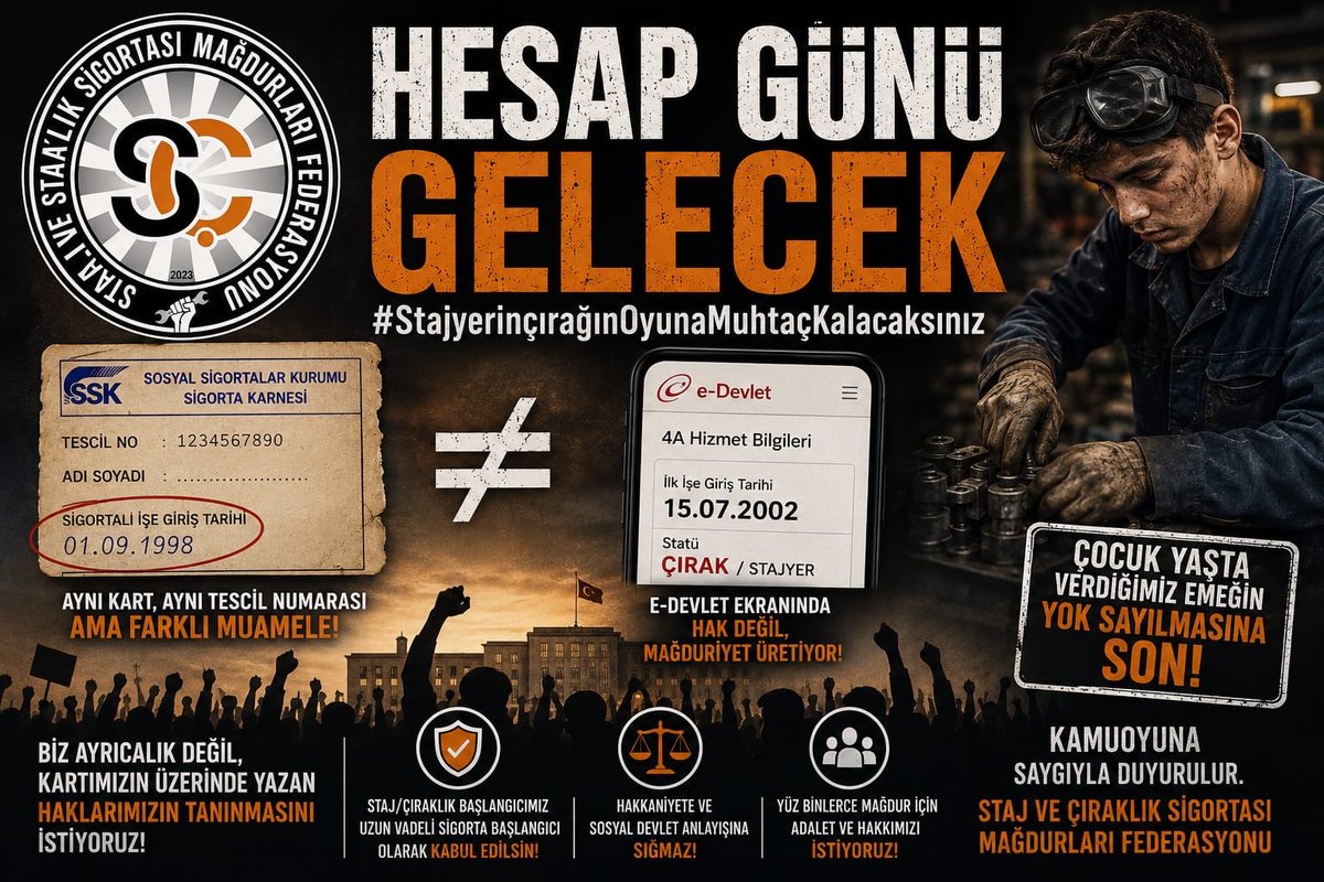 CirakStajFED's tweet photo. Elimizdeki SSK kartında yazan tescil tarihi, e-Devlet sistemine girildiğinde hak değil mağduriyet üretiyor.

@Akparti
@MHP_Bilgi
@yenipartiyiz 
@RTErdogan 
@dbdevletbahceli 
@eczozgurozel
@Yusuf__Tekin 
@tcmeb 
@isikhanvedat 
@csgbakanligi 
@memetsimsek 
@HMBakanligi 
@abakingurlek 
@iletisim 
@herkesicinCHP
@iyiparti
@YeniYolTBMM
@SaadetPartisi
@GelecekPartiTR
@devapartisi
@_DemokratParti
@rprefahpartisi
@anahtarparti
@zaferpartisi
@bbpgenelmerkez
 @DSPGenelMerkez 
@BTP_Parti
@tipgenelmerkez
@dypmerkez 
@emekpartisi 
@NumanKurtulmus
@mehmetucum
@oktay_saral
@ejderacikkapi
@MahinurOzdemir
@profdrorhanates 
@MvDrHasanArslan 
@aerdemcantimur
@Korkutata_Zeki 
@isikhanvedat 
@vedatbilgn
@akbasogluemin
@NazimMavis
@leylasahinusta
@resulkurt34
@vedatbilgn
@zorlu77

Yıllar önce fiilen çalışarak, ter dökerek aldığımız ve üzerinde "Sigortalı İşe Giriş Tarihi" yazan aynı SSK kartı; emeklilik hesabına gelince "çırak" veya "stajyer" denilerek geçersiz sayılıyor.

Aynı kart, aynı tescil numarası ama farklı muamele!

Çalışma hayatına fiilen dahil olmuş, üretimde yer almış yüz binlerce insanın çocuk yaşta verdiği emeğin yok sayılması hakkaniyete ve sosyal devlet anlayışına sığmaz. 

Biz ayrıcalık değil, kartımızın üzerinde yazan haklarımızın tanınmasını ve staj/çıraklık başlangıcının emeklilikte de uzun vadeli sigorta başlangıcı olarak kabul edilmesini istiyoruz.

Kamuoyuna saygıyla duyurulur.
Staj ve Çıraklık Sigortası Mağdurları Federasyonu

Hesap Günü Gelecek
#StajyerinçırağınOyunaMuhtaçKalacaksınız