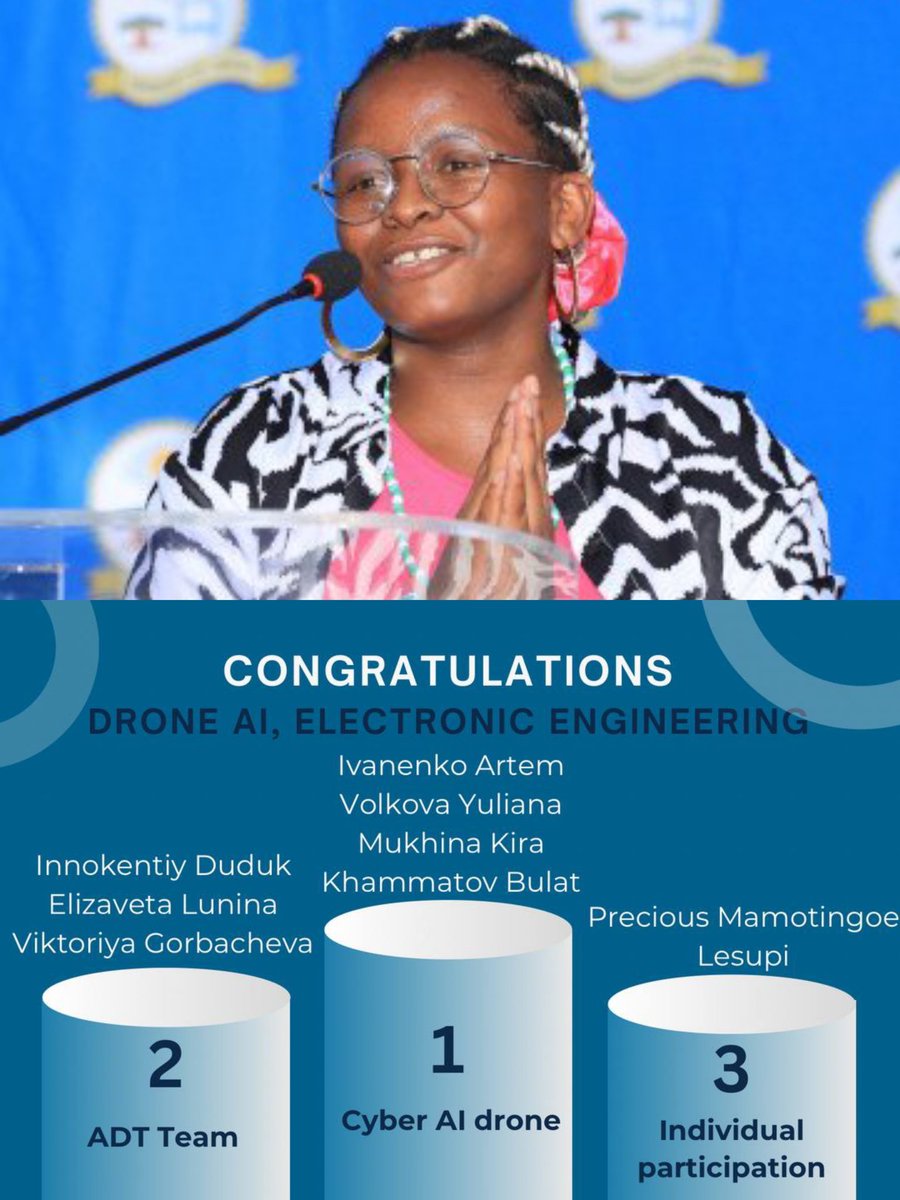 AfricaFirsts's tweet photo. In 2024, South African 🇿🇦 Software Engineering student Precious Mamotingoe Lesupi placed third in the BRICS Future Tech Competition.

She developed a drone that detects traffic vioIations and is programmed to carry out specific missions thereafter.

The don of software in the making.