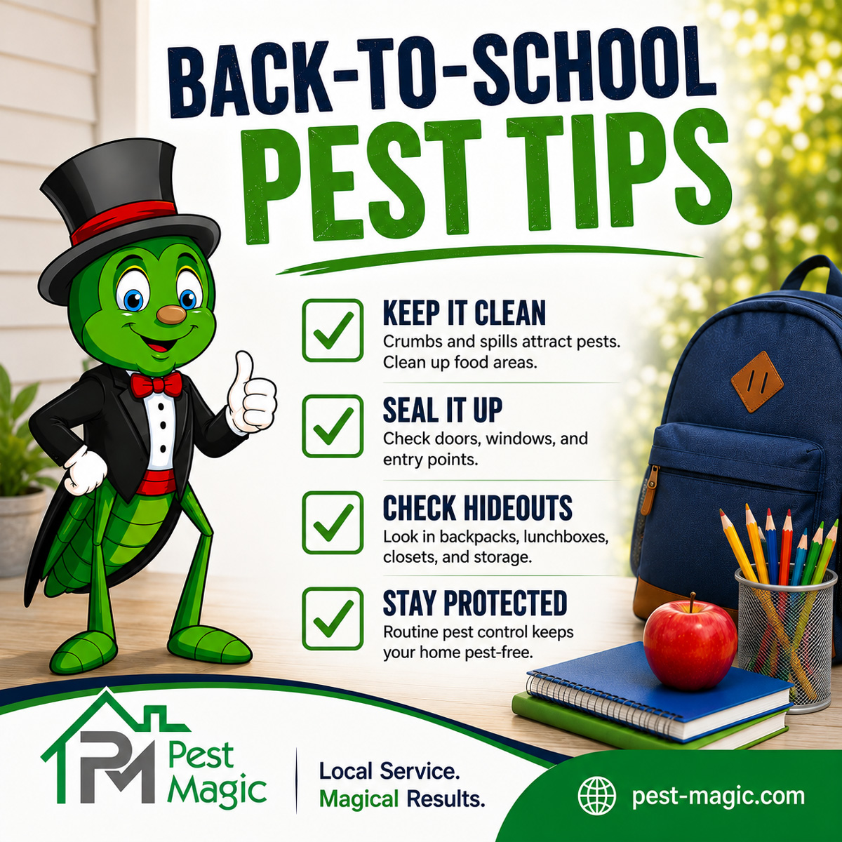 PestMagicGA's tweet photo. School's back, and the bugs didn't take summer break. Keep the crumbs picked up, the backpacks checked, and the pests outside where they belong. If they don't get the message, Pest Magic will be happy to teach 'em one. #MaconGA #ForsythGA #WarnerRobinsGA #GriffinGA #ZebulonGA https://t.co/j9Z2CMqC66