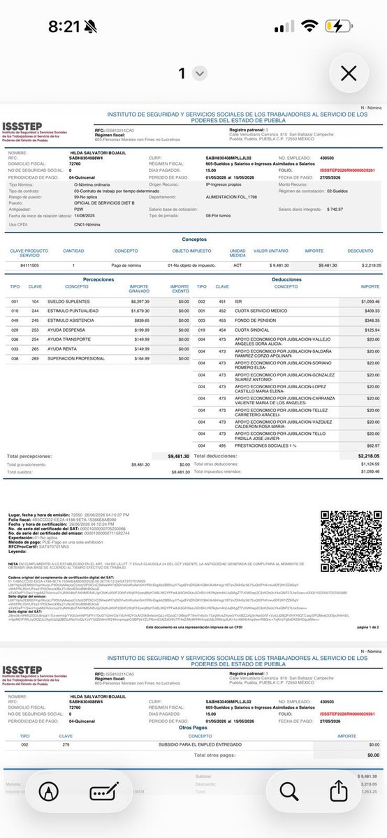CazaBots4's tweet photo. En la declaración Hilda Salvatori hermana de @Naysalvatori declara percibir por cargos públicos $997,631 al año, Pero el @ISSSTEP_Puebla dice que le paga 7mil a la quincena...
¿Quien miente ella o la institución?, que cubre al mencionar más de 76mil en al mes?? ¿De dónde salen? https://t.co/ChQTlao6yG
