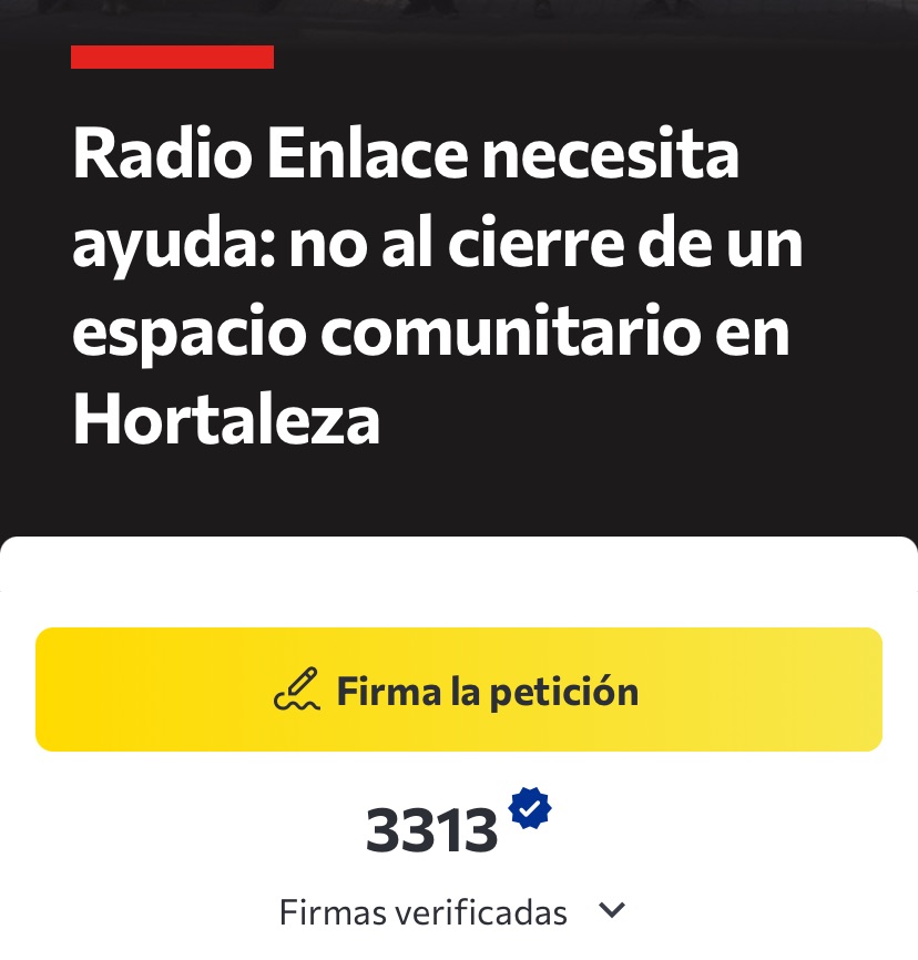 Radio_Enlace's tweet photo. Ayer eran más de mil firmas. Hoy son más de 3.300 en sólo 48 horas, casi 70 firmas cada hora en pleno mes de agosto. Muchas gracias por tan abrumador apoyo. Seguimos recogiendo firmas hasta que se convoque un nuevo concurso público para adjudicar el local. Junt@s lo lograremos. https://t.co/t6gUmYadCh