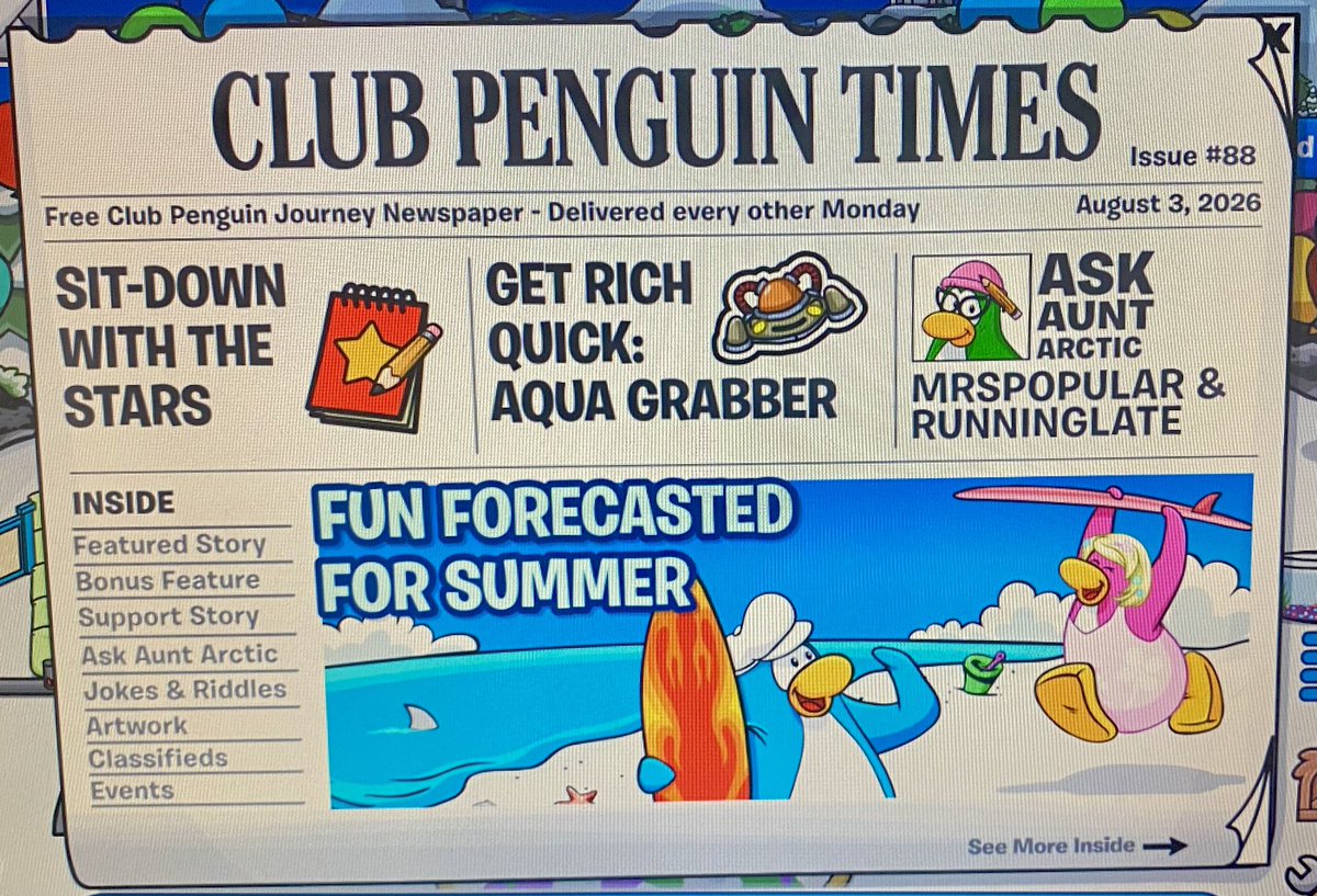 ItsSassyNinja's tweet photo. Happy August, everyone! Club Penguin Journey Issue #88 is out now! @CPJofficial 📰 https://t.co/MzpRtRfZRe