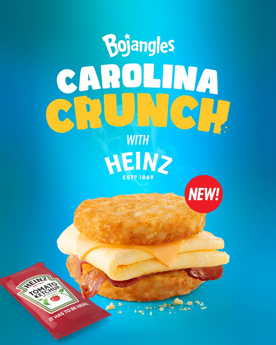 Bojangles's tweet photo. The only thing better than bacon, egg and cheese between two XL Bo-Tato Rounds®? A dollop of HEINZ ketchup on top of it all. Try the NEW Carolina Crunch today! https://t.co/SLHVepBDfJ