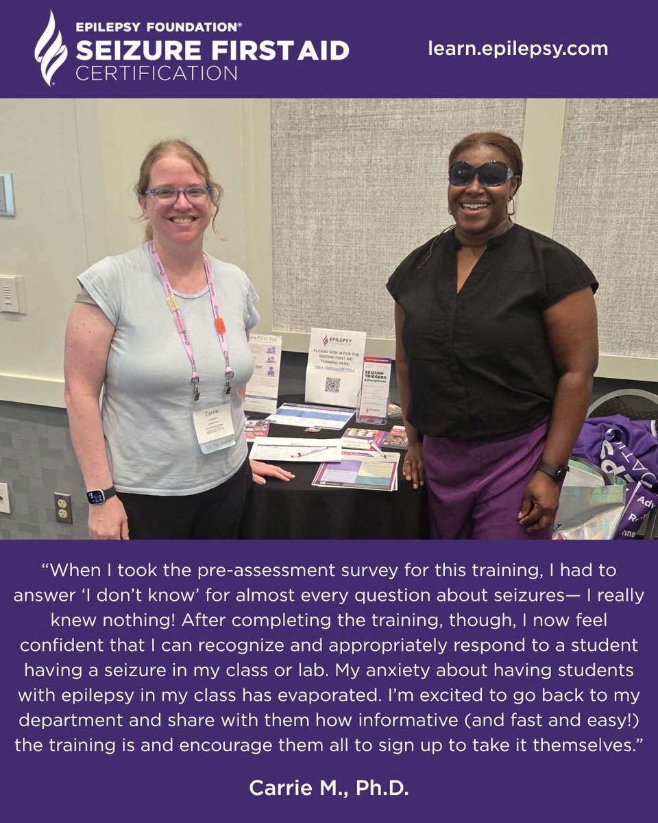 EpilepsyFdn's tweet photo. "After completing the training, I now feel confident that I can recognize and appropriately respond to a student having a seizure in my class or lab.” Thanks to Dr. Carrie M. for sharing the impact of our Seizure First Aid training. Sign up: https://t.co/FO0ByeS9uu https://t.co/NPN6lPi2ms