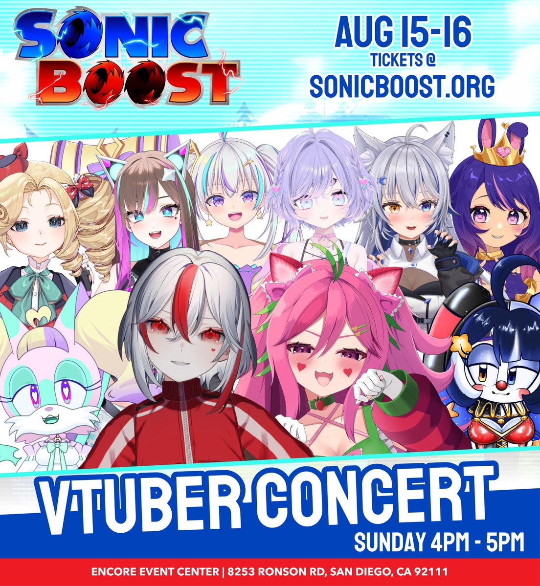 sonicboostcon's tweet photo. New Panel Announcement!
Check out this VTuber Concert hosted by Aimee.exe @Aimee_exe_ - Sunday 4PM
All your favorite songs performed by all these amazing singers.

@AishiiAi
@amiyaaranha
@emzberry
@corgiclown
@MayuYumemin
@mino_mieko
@neiomicielo
@MimiiPyon
@vickyroman_idol
@Trey_Nobles

You definitely don't want to miss out!

#sonicboost #sonicthehedgehog #soniccon #vtuber #vtuberclips #concert #sonicconcert #crush40