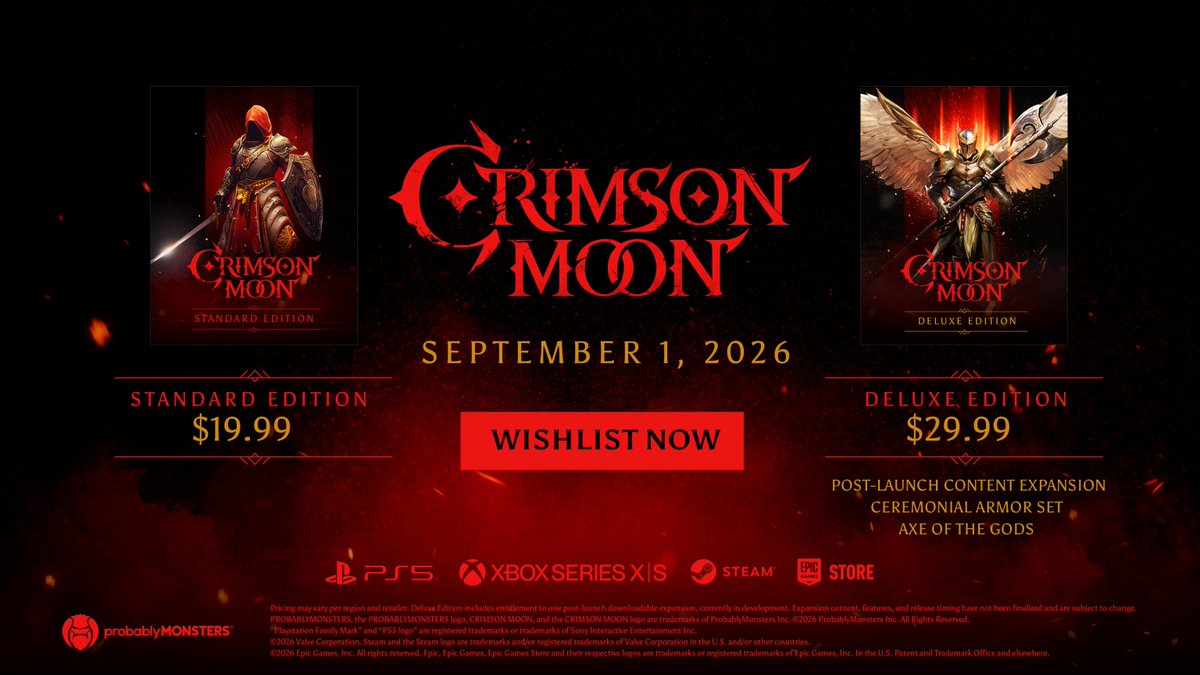 CrimsonMoonPM's tweet photo. Crimson Moon launches September 1 ⚔️

Choose between the Standard Edition ($19.99) or Deluxe Edition ($29.99), then get ready to begin your hunt through Gildenarch.

Wishlist today: https://t.co/h4EqH2MuGx https://t.co/9VcnvriLhY