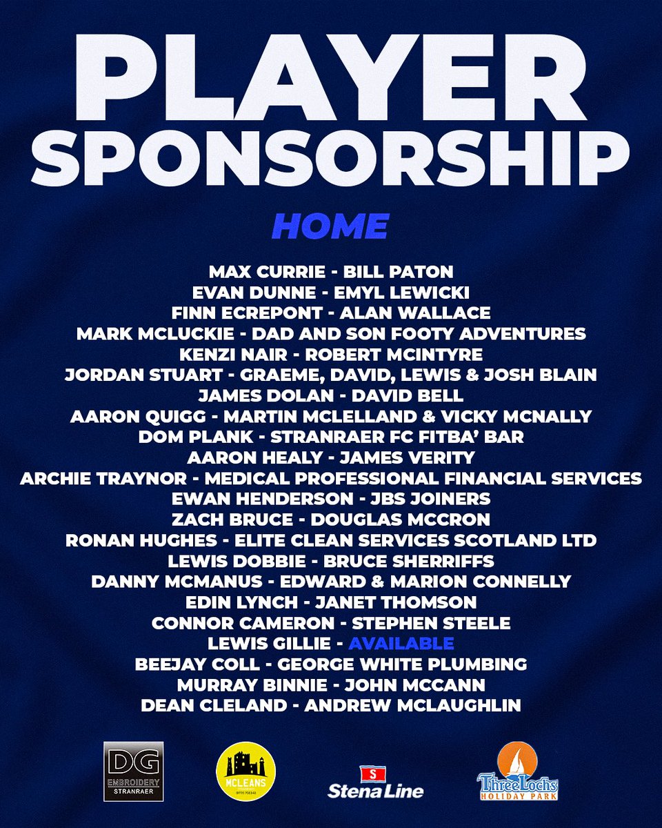 StranraerFC's tweet photo. As the 2026/27 season gets underway, we’d like to say a huge thank you to everyone who has sponsored a player.

A special thank you also goes to the businesses who have sponsored our home, away and third kits for the new campaign.

The continued backing of our supporters and sponsors plays a vital role in helping the club both on and off the pitch, and we are incredibly grateful for your support.

A limited number of player shirts are still available to sponsor.

👕 https://t.co/SY6Ne2bk8v