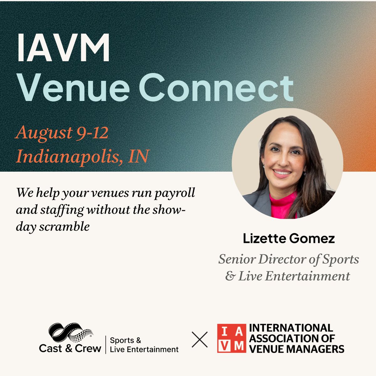 CastCrewHQ's tweet photo. Less admin, more show. https://t.co/Vjx9IWl7Pp
 
We're headed to IAVM Venue Connect this August. Visit Lizette and see how Cast &amp; Crew keeps venue teams staffed, paid, and compliant. 

#IAVM #VenueConnect2026 #VenueManagement #CastandCrewSportsandLiveEntertainment https://t.co/R5c4CBkDSz
