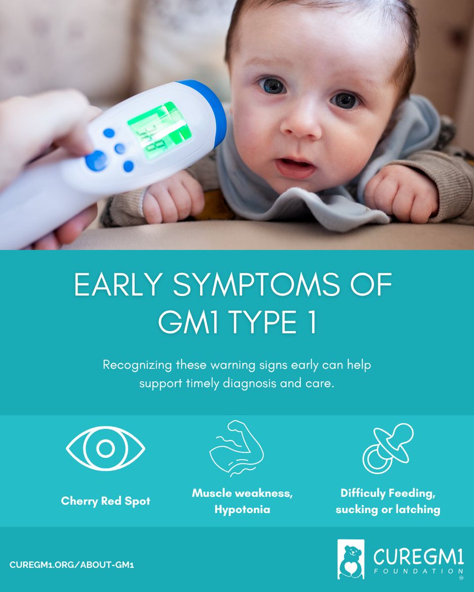 curegm1's tweet photo. Early recognition can make a difference.
For babies with GM1 Type 1, some of the earliest signs may include:
• A cherry red spot on an eye exam
• Low muscle tone (hypotonia) or muscle weakness
• Difficulty feeding, sucking, or latching
Because these sympto… https://t.co/6t17FRdEaR