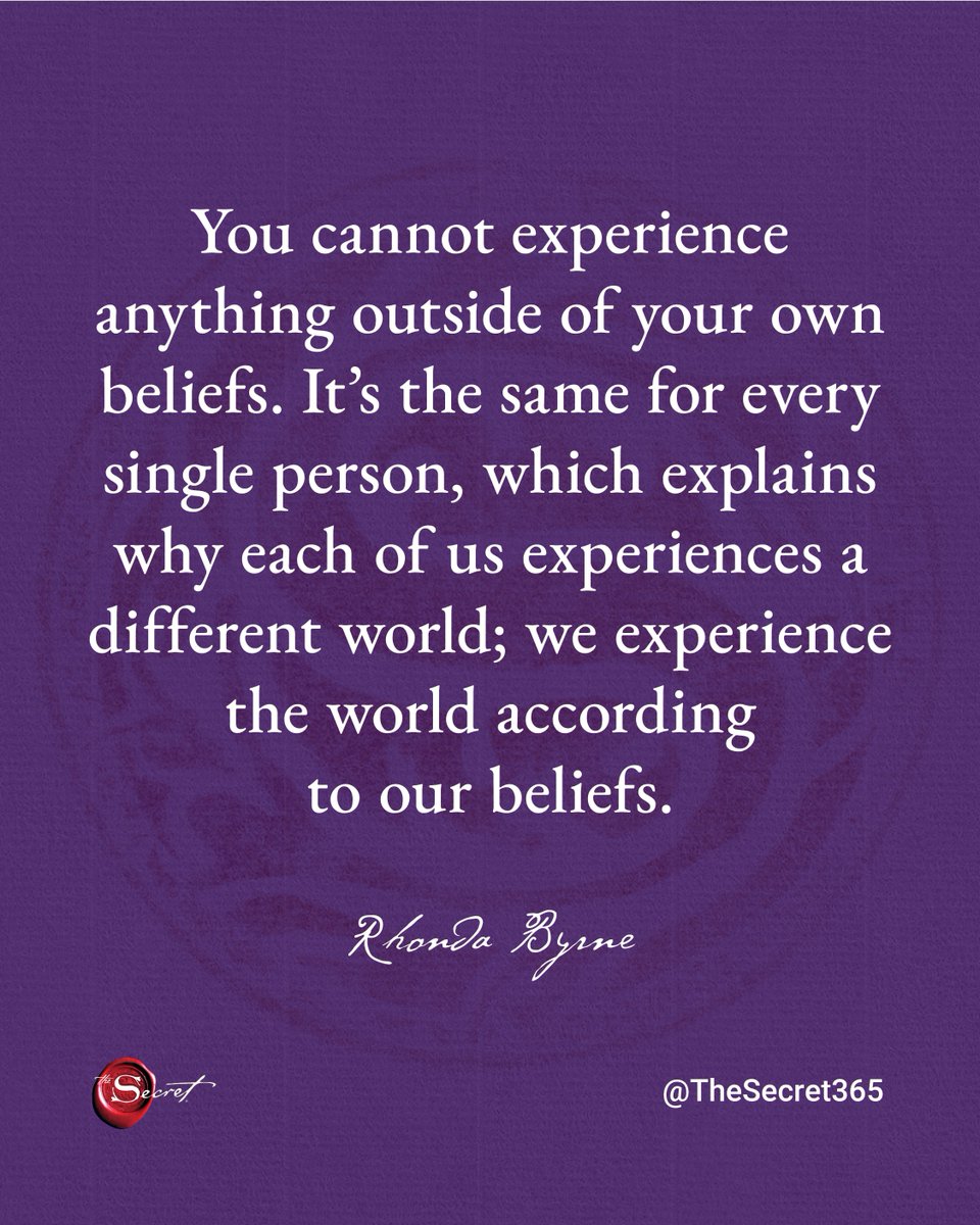 thesecret's tweet photo. Share what beliefs will shape your dream life. 🙏

"You cannot experience anything outside of your own beliefs. It’s the same for every single person, which explains why each of us experiences a different world; we experience the world according to our beliefs."

#RhondaByrne #TheSecret #lawofattraction #loa #visualization #manifestation #askbelievereceive