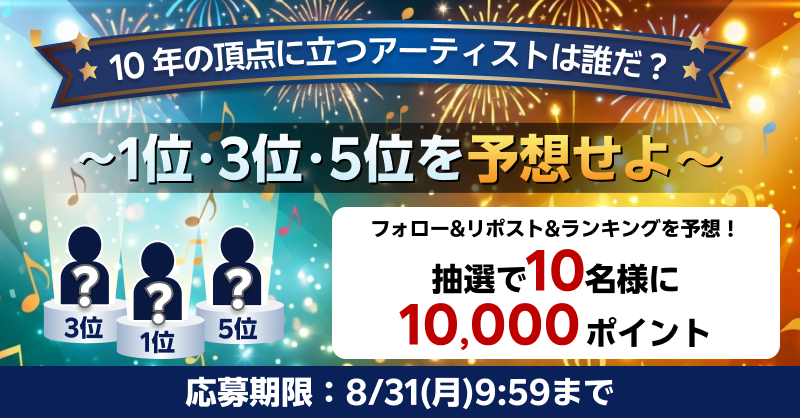 rmusic_official's tweet photo. ／
#楽天ミュージック10周年SNS企画 🎉
🏆10年間で聴かれたアーティストランキング！1・3・5位を予想せよ！
＼

正解した方には抽選で10名様に10,000ポイント！✨

■参加方法
1️⃣本アカウント(@rmusic_official)をフォロー

2️⃣こちらの投稿をリポスト🔁

3️⃣クイズに参加👇
https://t.co/6t3VvvR22R https://t.co/xZIdP40ERc