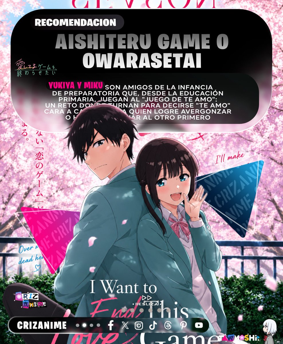 CRIZanime's tweet photo. Recomendación anime del dia 
AISHITERU GAME O OWARASETAI

| Yukiya y Miku son amigos de la infancia de preparatoria que, desde la educación primaria, juegan al "Juego de Te Amo": un reto donde turnan para decirse "Te amo" cara a cara,

#aishiterugameoowarasetai #Criz #goldenwaifu https://t.co/E0NvJIPVii
