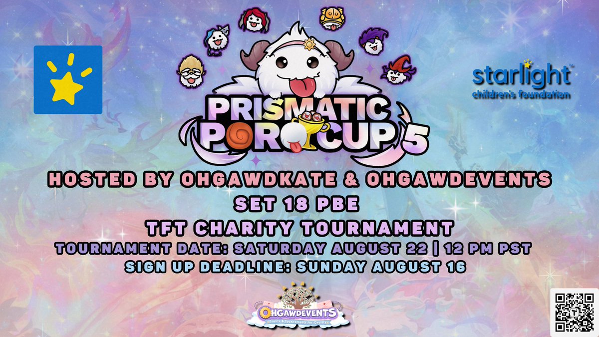 ohgawdkate's tweet photo. 🚨 CALLING ALL @TFT PLAYERS! 🚨

Introducing the next @OhgawdEvents Charity Tournament: PRISMATIC PORO CUP 5! 💠🤍🏆

This event will be played on Set 18 PBE, so get ready to explore the new set, try out comps, and compete in a fun, community-focused environment!✨

We're excited to be partnering with @StarlightUS for this tournament and to support their mission of delivering happiness to seriously ill children and their families through the power of play 🎮

Through Starlight Gaming and other life changing programs, Starlight helps bring entertainment, comfort, and a sense of normalcy to children during hospital stays, giving them opportunities to play, connect, and simply be kids.

We're proud to use this tournament to support such an incredible mission and can't wait to bring the TFT community together for it! 💛

🗓️ Sign-Up Deadline: Sunday August 16
⭐ Tournament Date: Saturday August 22 @ 12 PM PST
📝 Register Here: https://t.co/GfwUVy0xz6
📺 Watch Live: https://t.co/dWWWeDugZh
💛 Donate: https://t.co/3auDnMUBhT

#OHGAWDEVENTS | #PRISMATICPOROCUP | #TFT | #SET18 | #SET18PBE | #CHARITY