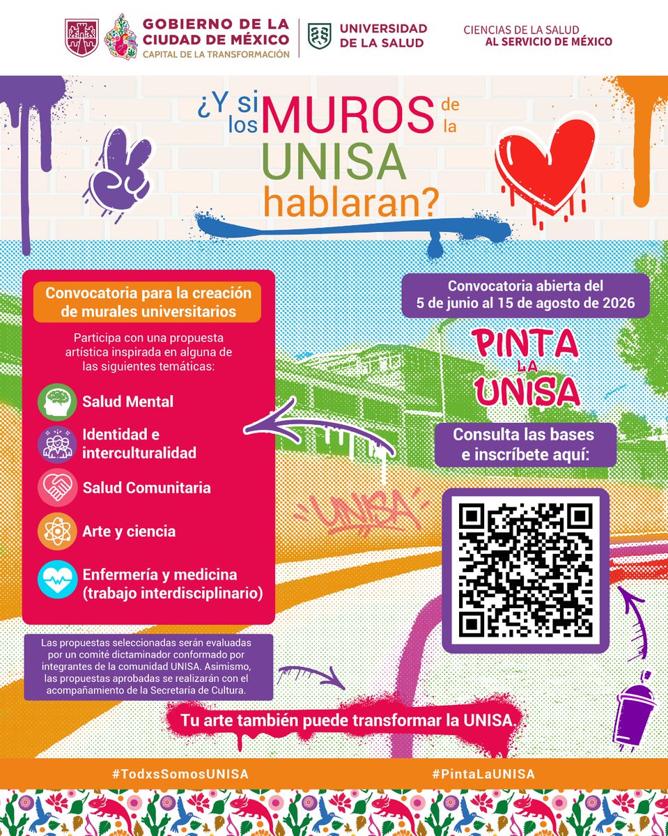 UNISACDMX's tweet photo. ¿Y si los muros de la UNISA hablaran? 💫

📅 Convocatoria abierta del 5 de junio al 16 de agosto de 2026, hasta las 23:59 horas.

Inscríbete aquí: https://t.co/8gtEMrXnZq

Consulta las bases de la convocatoria en el siguiente enlace:
https://t.co/SMvllqby4l

#PintaLaUNISA https://t.co/DWSGQmokos