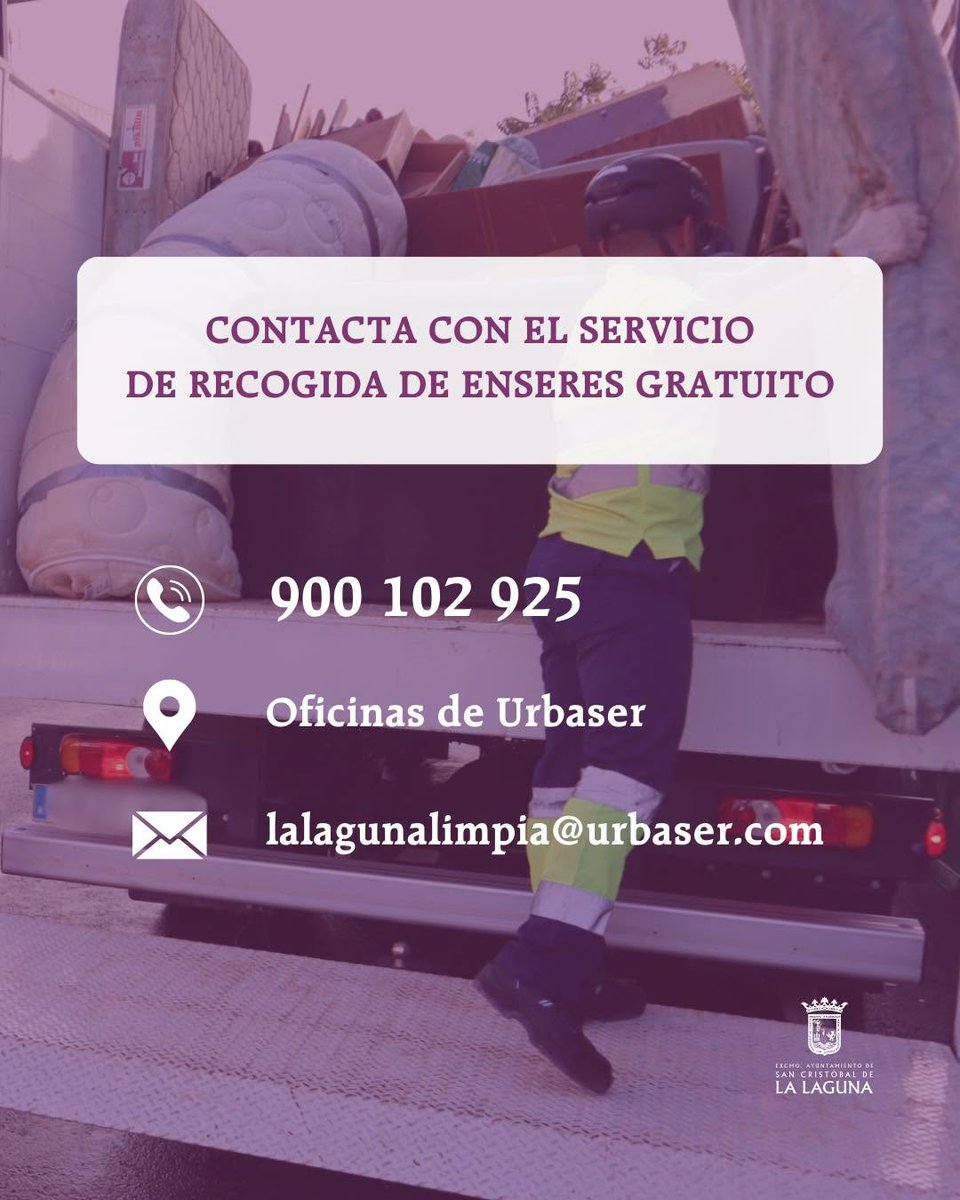 aytolalaguna_es's tweet photo. 🗑️ Recogemos tus enseres de manera gratuita.

⬇️ Solo tienes que contactar a través de cualquiera de estos tres canales: 
📱 900 102 925
📌 Oficinas de Urbaser: Camino Alfredo Hernández Canino, 20.
✉️ lalagunalimpia@urbaser.com

Guarda y comparte esta publicación. 
#LaLaguna https://t.co/sn4KFVkDYa