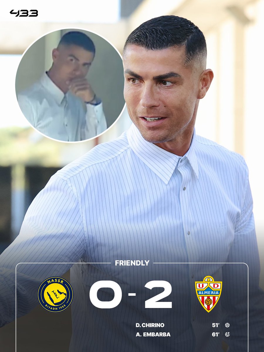 433's tweet photo. Cristiano Ronaldo watches the club he co-owns, Almería, beat Al Nassr 👀

He was guaranteed to win today 😅

Al Nassr were without most of their key players, with many still on holiday or only just back 🌞 https://t.co/stZARbsSGT