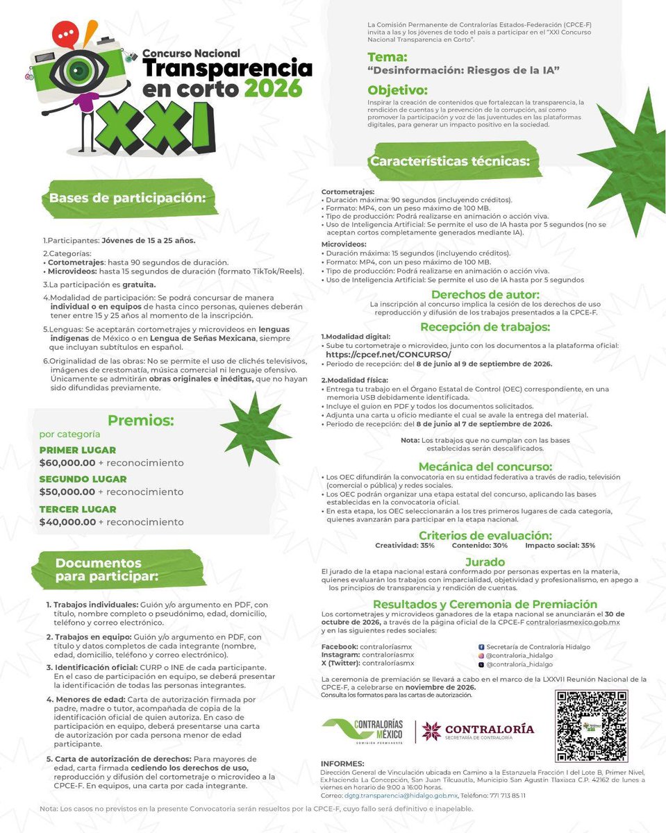 PlaneacionHgo's tweet photo. ¡Tu creatividad puede ayudar a combatir la desinformación! 🎥📱

Participa en el XXI Concurso Nacional Transparencia en Corto 2026, dirigido a jóvenes de 15 a 25 años, con cortometrajes o microvideos sobre el tema “Desinformación: Riesgos de la IA”. https://t.co/BlICnpzxnq