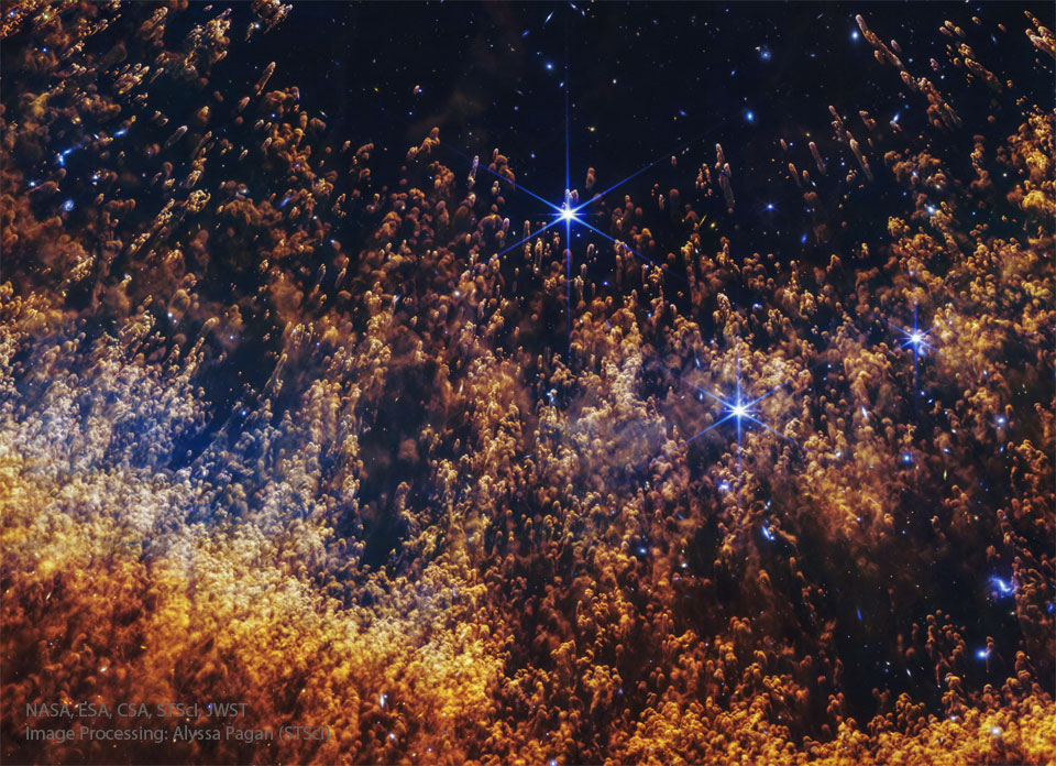 apod's tweet photo. What causes unusual knots of gas and dust in planetary nebulas? 

Seen also in the Ring Nebula, the Dumbbell Nebula and NGC 2392, the knots' existence was not initially predicted, and their origins are still not well understood. 

Pictured here is a fascinating image of part of the Helix Nebula by the James Webb Space Telescope showing tremendous detail in infrared light. 

The cometary knots have masses similar to the Earth but have sizes typically several times the orbit of Pluto. 

One hypothesis for the fragmentation and evolution of the knots includes existing gas being driven out by a less dense but highly energetic stellar wind of the central evolving star. 

The Helix Nebula is one of the closest examples of a planetary nebula created at the end of the life of a Sun-like star. 

Given a technical designation of NGC 7293, the Helix Nebula lies about 650 light-years away towards the constellation of Water Carrier (Aquarius).

Image Credit: NASA, ESA, CSA, STScI, JWST; Processing: A. Pagan (STScI)