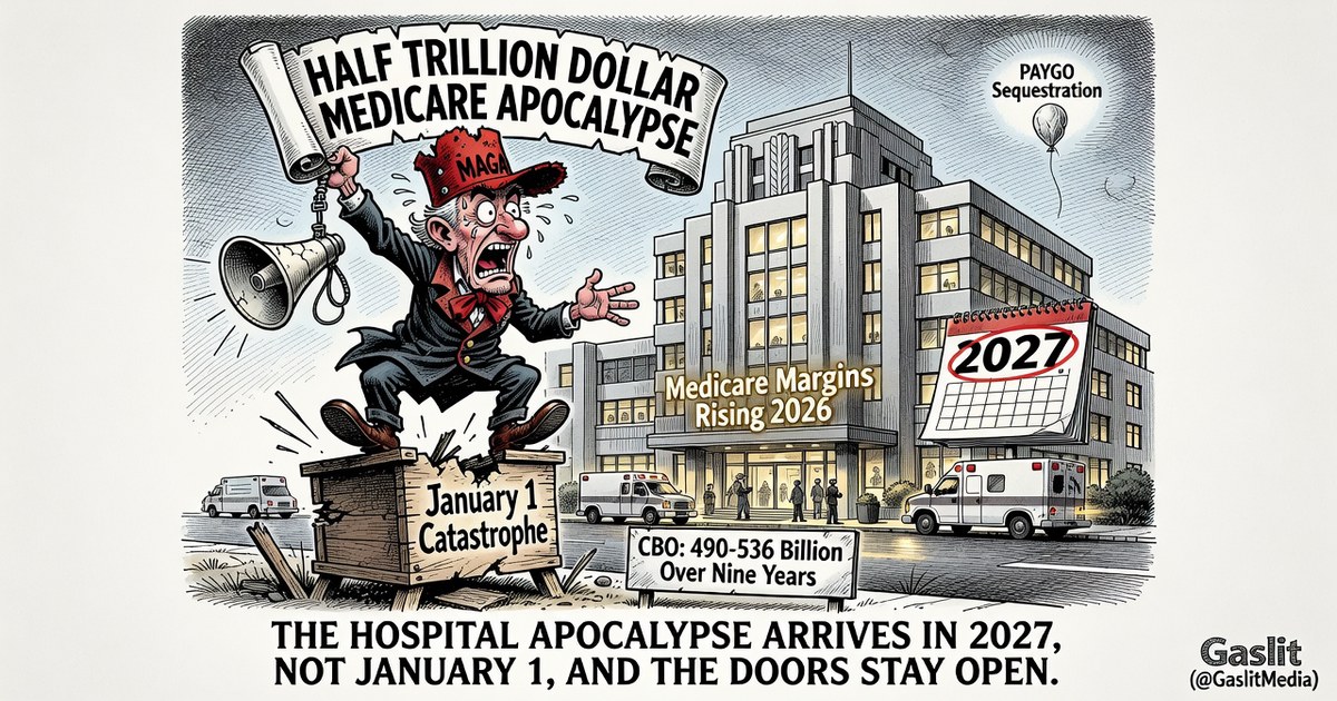 GaslitMedia's tweet photo. Occupy Democrats claims routine Medicare budget rules will close hospitals everywhere. The same account ignored real cuts under past presidents that never triggered the predicted collapse. The half-trillion in reductions phases in over ten years, and CMS data show hospital numbers stayed flat or grew.

Read the full breakdown with the actual numbers and timeline: https://t.co/drlXkFsoiU

#CallOutTheBS #MedicareFacts