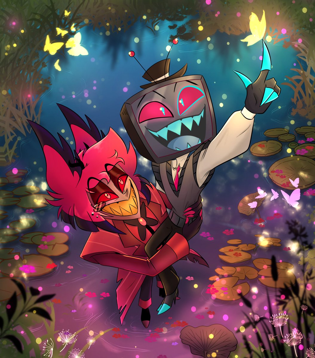 Alastorsart's tweet photo. I like to think there was a time when Alastor proudly showed Vox every little corner of his beloved bayou... and Vox couldn't stop looking at everything with wonder🥹🦋✨ #Hazbinhotel #Hazbinhotelfanart #Alastor #radiostatic #Hazbinhotelvox https://t.co/CX29I18EBB