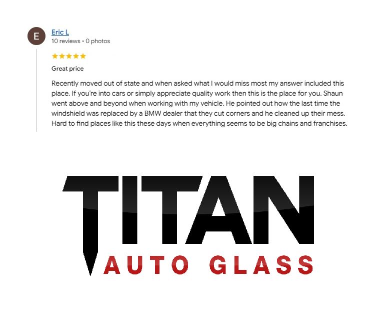 MyTitanGlass's tweet photo. We really appreciate our loyal customers - thanks to Eric for this 5-star review on Google!

When you need the best windshield replacement service, call Titan Auto Glass today at 877-97-TITAN, or visit https://t.co/1yqYfWKgXM

#windshield #autoglass #glassreplacement https://t.co/T9XLi5kQUz