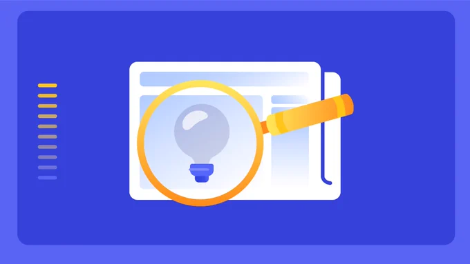 A magnifying glass focuses on a lightbulb. The lightbulb is out. Behind the lightbulb is a piece of paper. The background is a pleasant blurple.