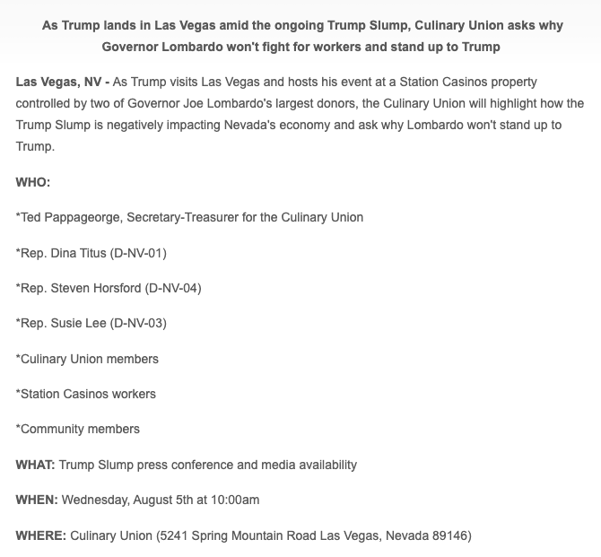 Culinary226's tweet photo. ADVISORY: As Trump lands in Las Vegas amid the ongoing #TrumpSlump, Culinary Union asks why Governor @JoeLombardoNV won't fight for workers and stand up to Trump -

WHAT: Press conference
WHEN: Wednesday, August 5th at 10am
WHERE: Culinary Union HQ

https://t.co/tzFmmOXTlg https://t.co/tcHPswNzdI