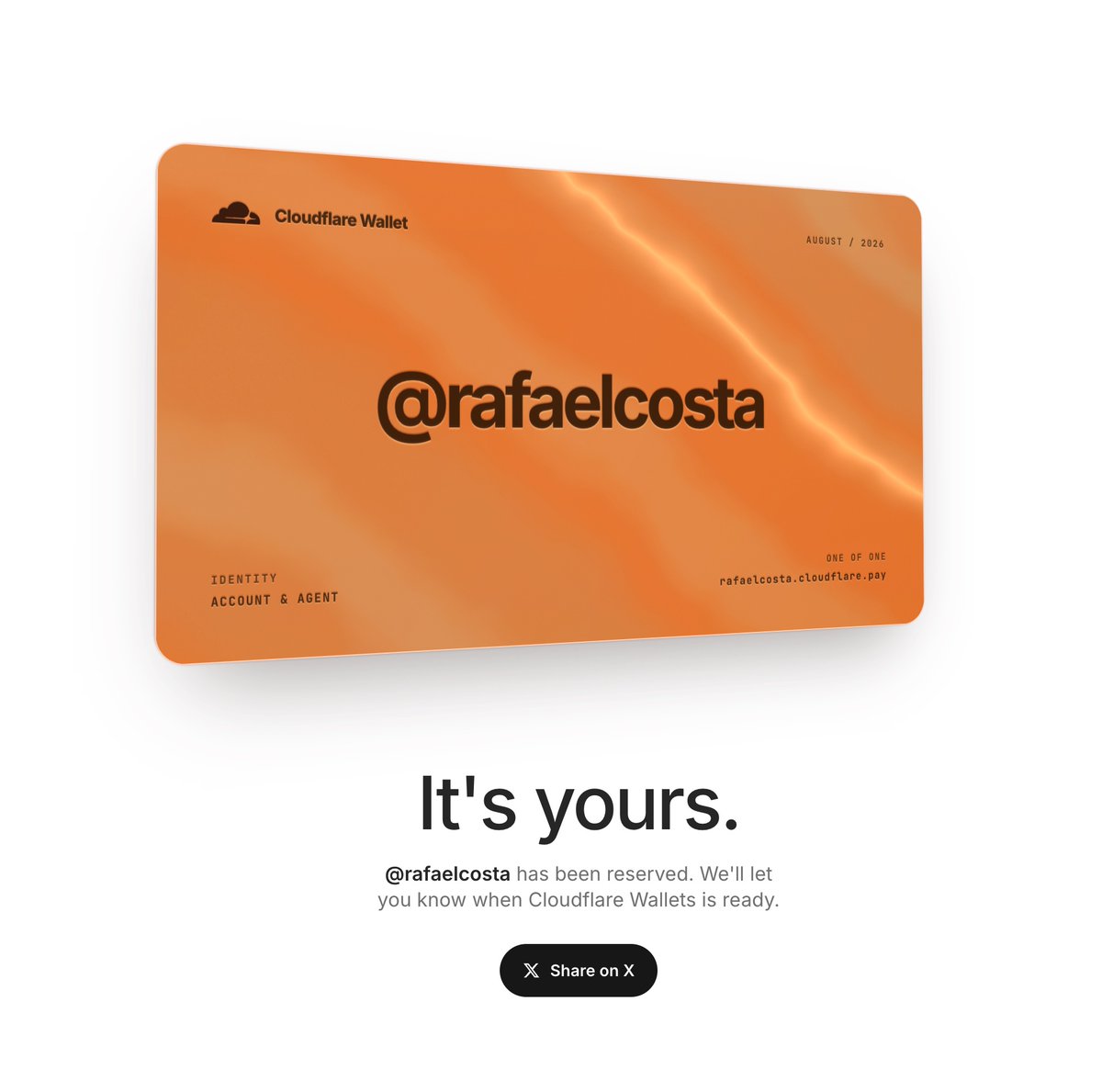 RafaelSCosta's tweet photo. I just reserved my Cloudflare Wallet tag: https://t.co/eoo1wYJvwo.

Reserve yours now at https://t.co/TdGAaeGyYX https://t.co/uEAqa6bfpX