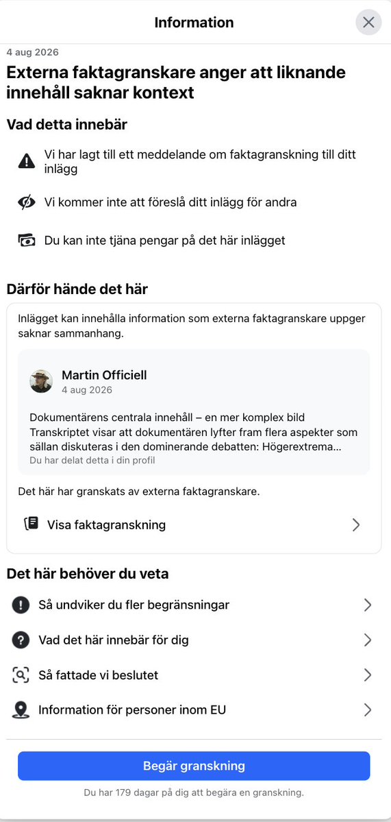 martinofficiell's tweet photo. Så här ser det ut när man citerar en dokumentär som SVT själva sänt.

Jag la upp en analys av den franska dokumentären "Ukraina – revolutionens mörka sida" som SVT:s Dokument utifrån sände 2016. Min analys baserade sig på dokumentärens egna transkript – alltså det som faktiskt visas i filmen:

Högerextrema gruppers avgörande roll under Majdan-revolutionen 2014

Odessa-massakern där 42 människor brändes till döds – och ingen dömts

Victoria Nulands erkännande i kongressen att "alla färger av Ukraina" var representerade, inklusive neofascister

USA:s medvetna blundande för obekväma fakta för att uppnå regimskifte

Allt detta finns i filmen. Inget är påhittat. Inget är taget ur luften.

Trots det flaggades mitt inlägg omedelbart av "externa faktagranskare" för att "sakna kontext".

Vad är det egentligen som saknas? Att jag inte lade till ett obligatoriskt "men Ryssland är värst" i slutet?

Det här är ett tydligt exempel på hur det officiella narrativet försvaras – inte med motargument, utan med flaggningar och tystnad. En dokumentär som SVT själva valde att sända blir plötsligt "problematisk" när den citeras i en annan tid.

Den som ifrågasätter det svenska narrativet behöver inte ha fel. Det räcker med att vara obekväm.
