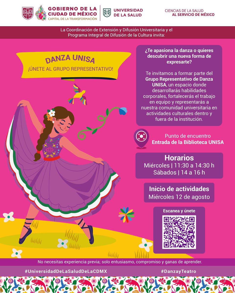 UNISACDMX's tweet photo. 💃🎶 ¡Que el ritmo no se quede fuera de la UNISA!

¿Te gusta bailar? ¿Siempre has querido aprender o volver a hacerlo? ¡Esta es tu oportunidad!

📅 Inicio de actividades: Miércoles 12 de agosto

🔗 Regístrate aquí:
https://t.co/Cjo7Durxsv

#ComunidadUNISA #UNISA #CulturaUNISA https://t.co/yWVr4Ai5fz