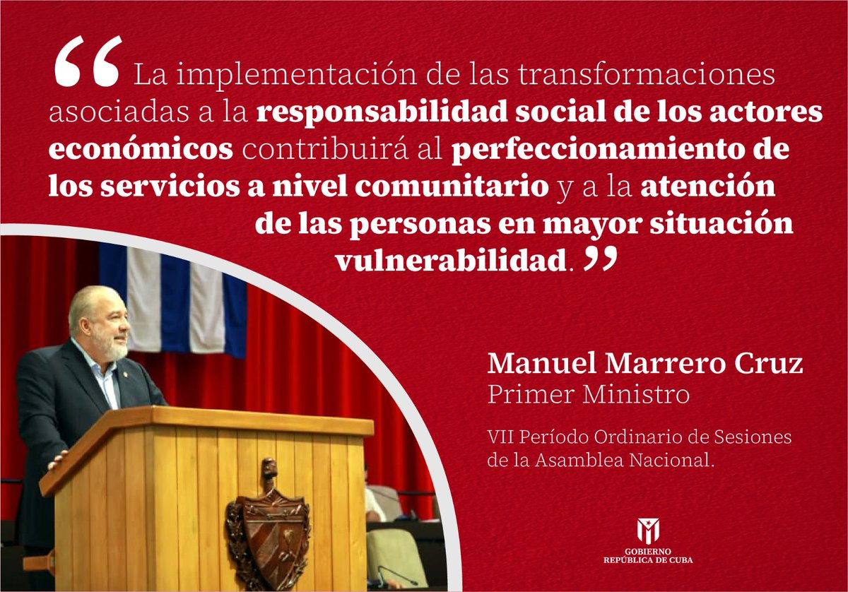 GobiernoCuba's tweet photo. 🗣 @MMarreroCruz | 

"La implementación de las transformaciones asociadas a la responsabilidad social de los actores económicos contribuirá al perfeccionamiento de los servicios a nivel comunitario y a la atención de las personas en mayor situación de vulnerabilidad". https://t.co/WqHz48KvCn