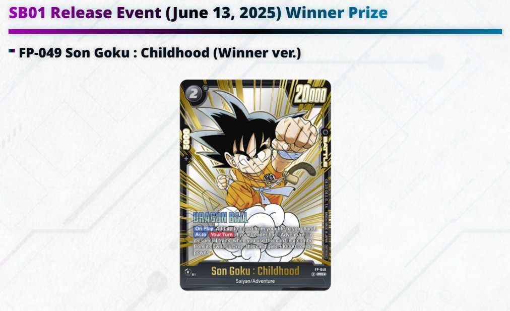 Schmasty's tweet photo. This Son Goku is still heavily slept on in Dragon Ball Fusion World.

Its the SB01 Release Event Winner promo with original Toriyama manga art.

Only winners of the Manga Booster 01 events got this gold version. Super limited and still massively undervalued imo.

You could grab it for ~$70 just a couple of days ago.
I wonder when people notice how limited these really are lol