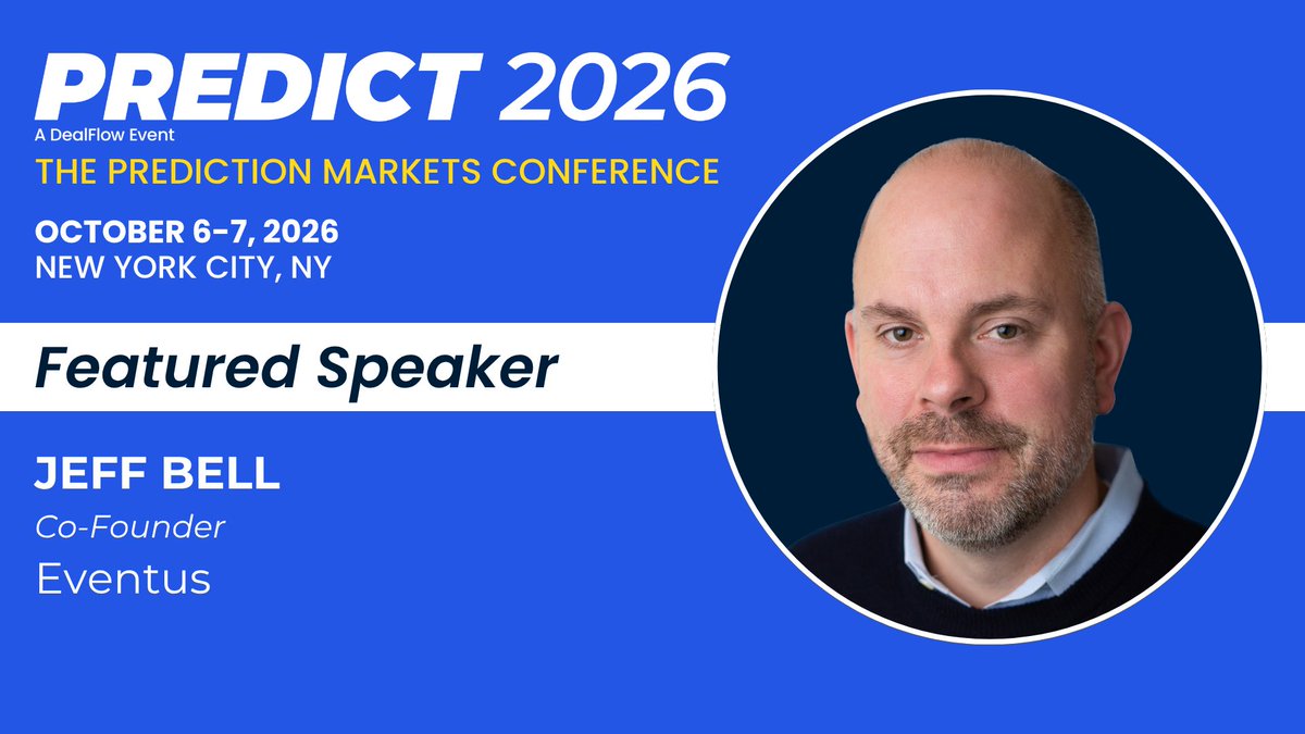 DealFlowEvents's tweet photo. Welcome to Jeff Bell, co-founder, Eventus, who joins PREDICT 2026 as a featured speaker Oct. 6-7 in NYC. This conference is focused on the business of prediction markets.
Act now. Early registration expires Aug. 7. https://t.co/XeIHE7CJ3q
#PREDICT
#PredictionMarketsConference https://t.co/X2h0rlfbvP
