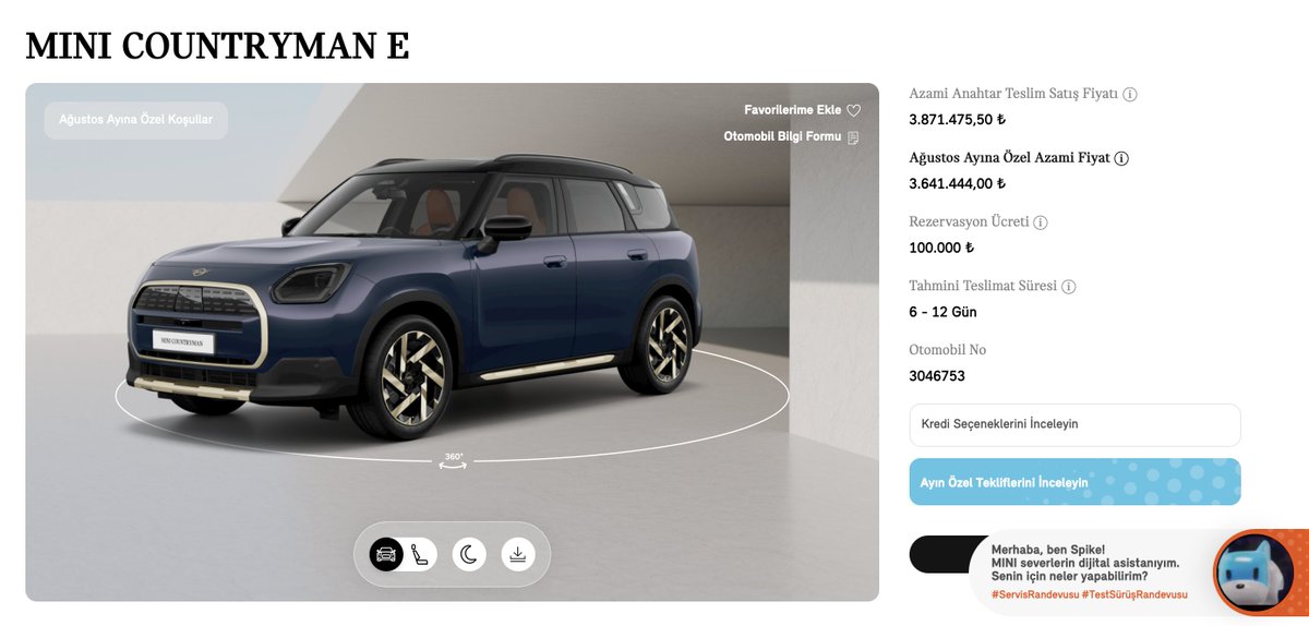 MiniCounTrymanE's tweet photo. Mini Countryman yeni Favoured plus paketi 
Ağustos indirimi ile 
3600.000tl 
15 gün sonra teslim 
online storeda yerini aldı https://t.co/4qEb3cyC4u