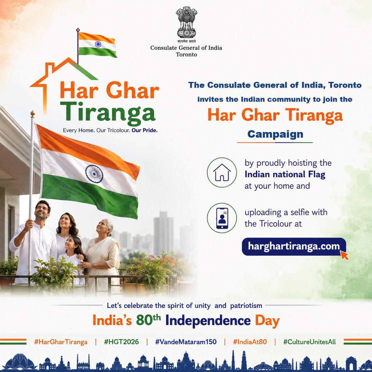 IndiainToronto's tweet photo. The Consulate General of India, Toronto invites the Indian community to join the Har Ghar Tiranga campaign by hoisting the Indian National Flag 🇮🇳 at your home and uploading a selfie with the Tricolour at https://t.co/hnn9qG3k2B

Let's celebrate the spirit of unity, patriotism and India's 80th Independence Day together.

@HCI_Ottawa @MEAIndia @IndianDiplomacy @diaspora_india