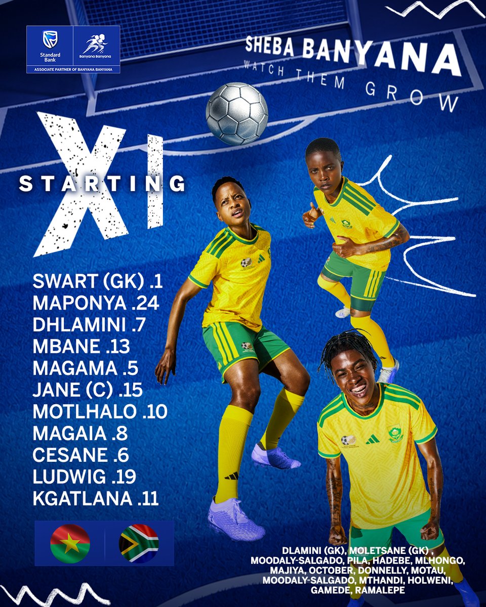 StandardBankZA's tweet photo. Starting XI? Confirmed! 🇿🇦⚽

Mzansi is smiling, Burkina Faso is probably zooming in.

#ShebaBanyana #SBLove💙#BackedByBlue💙 #WAFCON https://t.co/Xbm0i2V5LW
