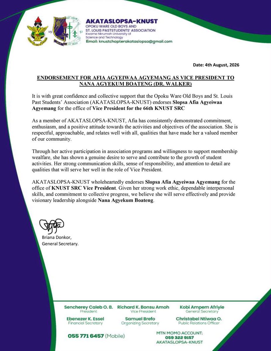 unexgh_official's tweet photo. The Opoku Ware Old Boys and St. Louis Past Students’ Association (AKATASLOPSA-KNUST) has officially endorsed Slopsa Afia Agyeiwaa Agyemang for SRC Vice President, adding its backing to her candidature as the race enters its final stretch.
#ELECTION360 #KNUST #UNEXGH https://t.co/x6LL0vgv6e