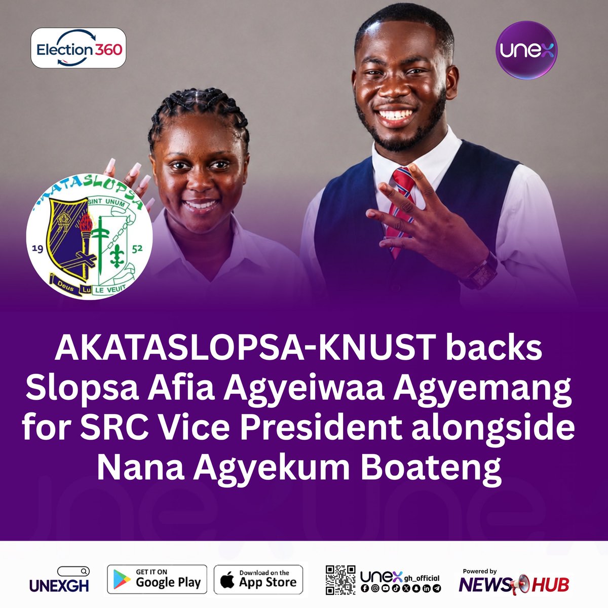 unexgh_official's tweet photo. The Opoku Ware Old Boys and St. Louis Past Students’ Association (AKATASLOPSA-KNUST) has officially endorsed Slopsa Afia Agyeiwaa Agyemang for SRC Vice President, adding its backing to her candidature as the race enters its final stretch.
#ELECTION360 #KNUST #UNEXGH https://t.co/x6LL0vgv6e