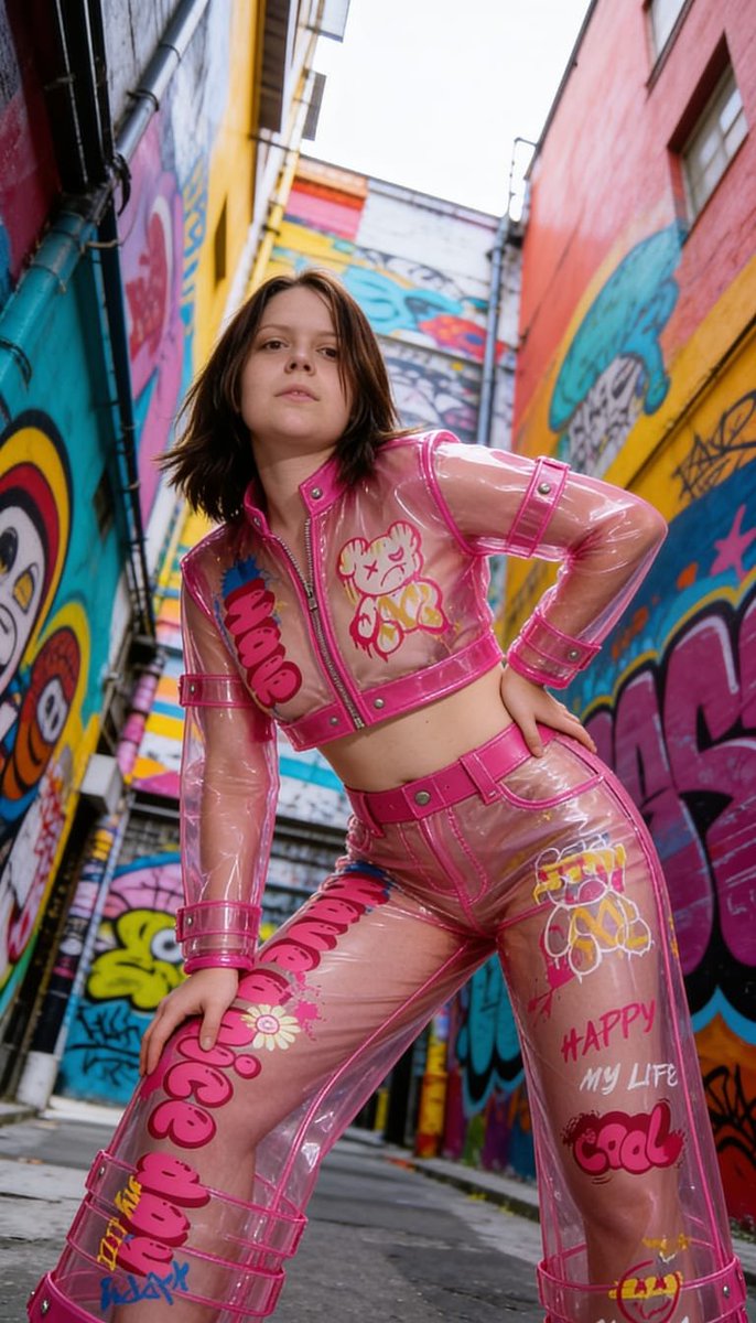 Lizzy1262629's tweet photo. Feeling bold and shiny in my clear pink PVC set with fun graffiti graphics out in the alley! 🩷✨ Soft smile and glossy street vibes ✨
#ClearPVC #PinkPVC #ShinyFashion #KinkyCute #GlossyFashion #PVCSet #PlayfulLook #ShinyPlastic #StreetStyle https://t.co/m6S0ViaZ0W