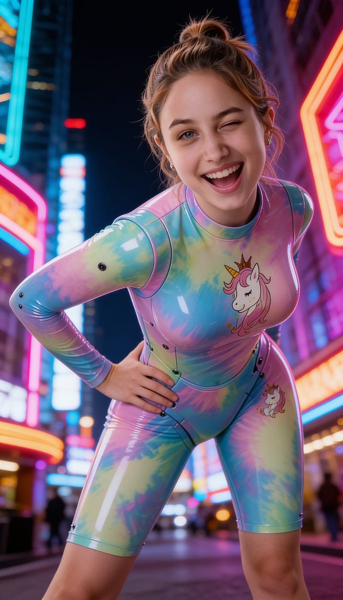Lizzy1262629's tweet photo. Veronique’s pretty unicorn outfit – feeling soft and shiny in my pastel rainbow PVC catsuit under the neon lights! 🦄🌈 Soft gaze and glossy city vibes ✨
#UnicornPVC #RainbowCatsuit #ShinyFashion #KinkyCute #GlossyFashion #PVCSet #PlayfulLook #ShinyLatex #NeonVibes https://t.co/wnuTHAZgH5