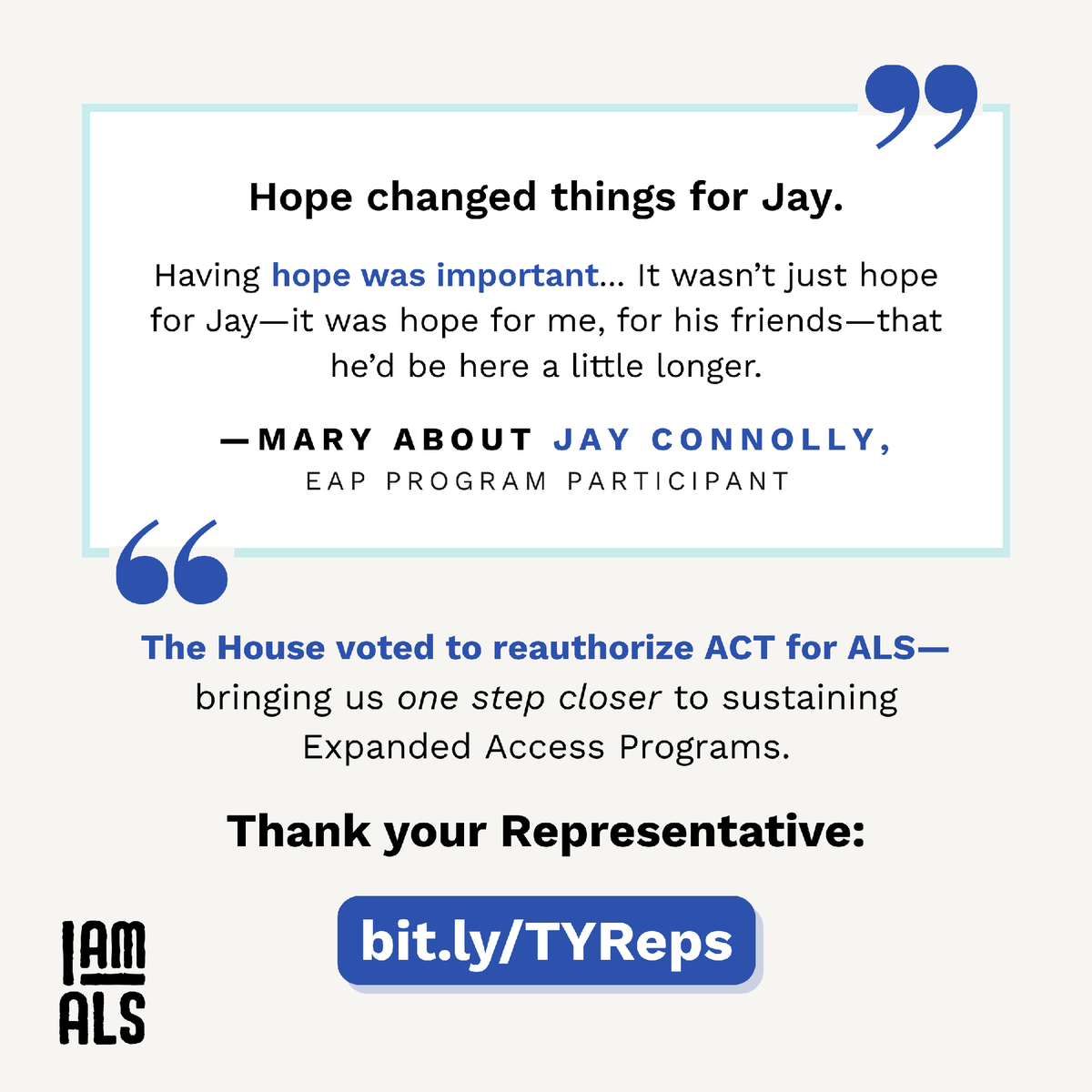 iamalsorg's tweet photo. "Hope changed things for Jay." 💙 

Thanks to the House's vote to reauthorize ACT for ALS, we're one step closer to sustaining Expanded Access Programs for families facing ALS. Join us in thanking your Representative: https://t.co/DF1a2nrg2F https://t.co/ZNUdPtAgLb