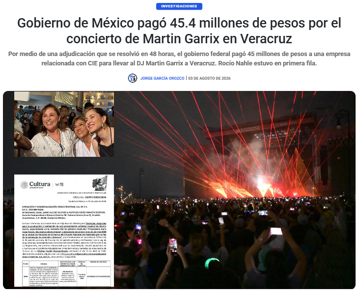 emeequis's tweet photo. 🎧💸 El concierto de Martin Garrix en Veracruz no fue gratis para el erario.

Una investigación de EMEEQUIS revela que el Gobierno de México pagó 45.4 millones de pesos mediante una adjudicación directa resuelta en apenas 48 horas. La empresa ganadora fue la única invitada al procedimiento.

📌 Costo: 45.4 millones de pesos.
📌 Contratación exprés.
📌 Rocío Nahle estuvo en primera fila.
¿Promoción cultural o gasto público bajo la lupa?
🔎 Lee la investigación completa:

https://t.co/aJSKxrVqhF

@jorgegogdl