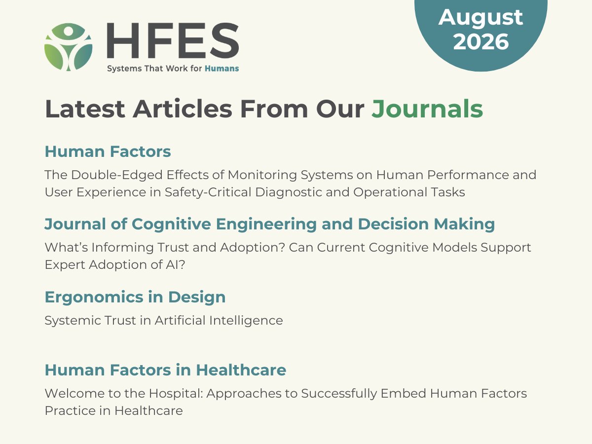 HFES's tweet photo. Check out our editors’ picks from HFES journals:
Human Factors: https://t.co/hogJsG7Zfb
Journal of Cognitive Engineering and Decision Making: https://t.co/TUsTnKU73E
Ergonomics in Design: https://t.co/J68ug9Em0s
Human Factors in Healthcare: https://t.co/idS3cdOVNr https://t.co/9ulvgOLDVo