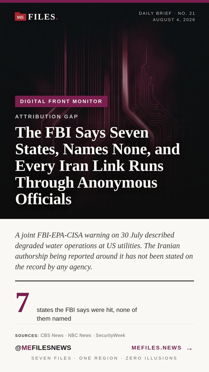 mefilesnews's tweet photo. The FBI Says Seven States, Names None, and Every Iran Link Runs Through Anonymous Officials — the full file at https://t.co/VCyUanWgif #MEFILES https://t.co/QWaZ9dsKdD