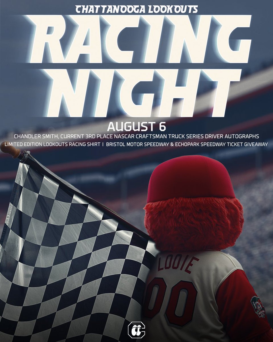 ChattLookouts's tweet photo. 🏁 NASCAR Craftsman Truck Series driver, @CSmith_Racing is coming to Erlanger Park!

Join us for Racing Night August 6th and don't miss:
🖊️ Chandler Smith autograph signing and first pitch
🏎️ Incredible pace cars around the ballpark from Bristol Motor Speedway, EchoPark Speedway and Nashville Superspeedway
👕 Limited Edition Lookouts Racing Shirts available in the Team Store

See you Thursday! ⚾
🏁 https://t.co/peumt7eg16