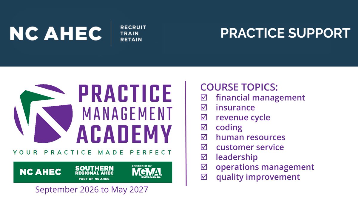 ncahec's tweet photo. Calling novice practice managers as well as experienced practice managers! We invite you to participate in @ncahec's Practice Management Academy courses which include:
Financial Management* | 9/7/26 – 9/27/26
Insurance | 9/28/26 – 10/18/26
The Revenue Cycle | 10/19/26 – 11/8/26
Coding | 11/9/26 – 11/22/26
Customer Service | 11/23/26 – 12/6/26
Human Resources | 1/4/27 – 2/1/27
Management | 2/8/27 – 3/7/27
Operations Management | 3/8/27 – 4/11/27
Quality Improvement | 4/12/27 – 5/9/27
Leadership | 5/10/27 – 6/6/27
*Registration is open now through 9/7/26 at https://t.co/SkggzuXgcm. Join us for one, or for all!