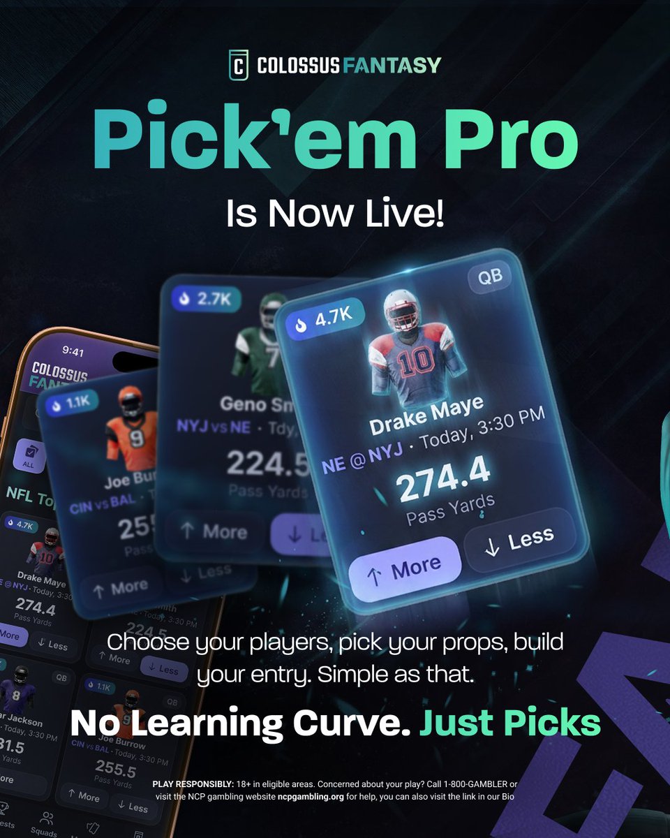 ColossusFantasy's tweet photo. Pick’em Pro is LIVE on Colossus Fantasy! 🚀⚡

Build custom tickets using 2+ player stats, lock in top-tier fixed multipliers, and play starting at just $1.

MLB is live now + NFL preseason drops this weekend! (And yes, our $1M Jackpot returns soon 🏆)

Play the Colossus Way. 🏈⚾