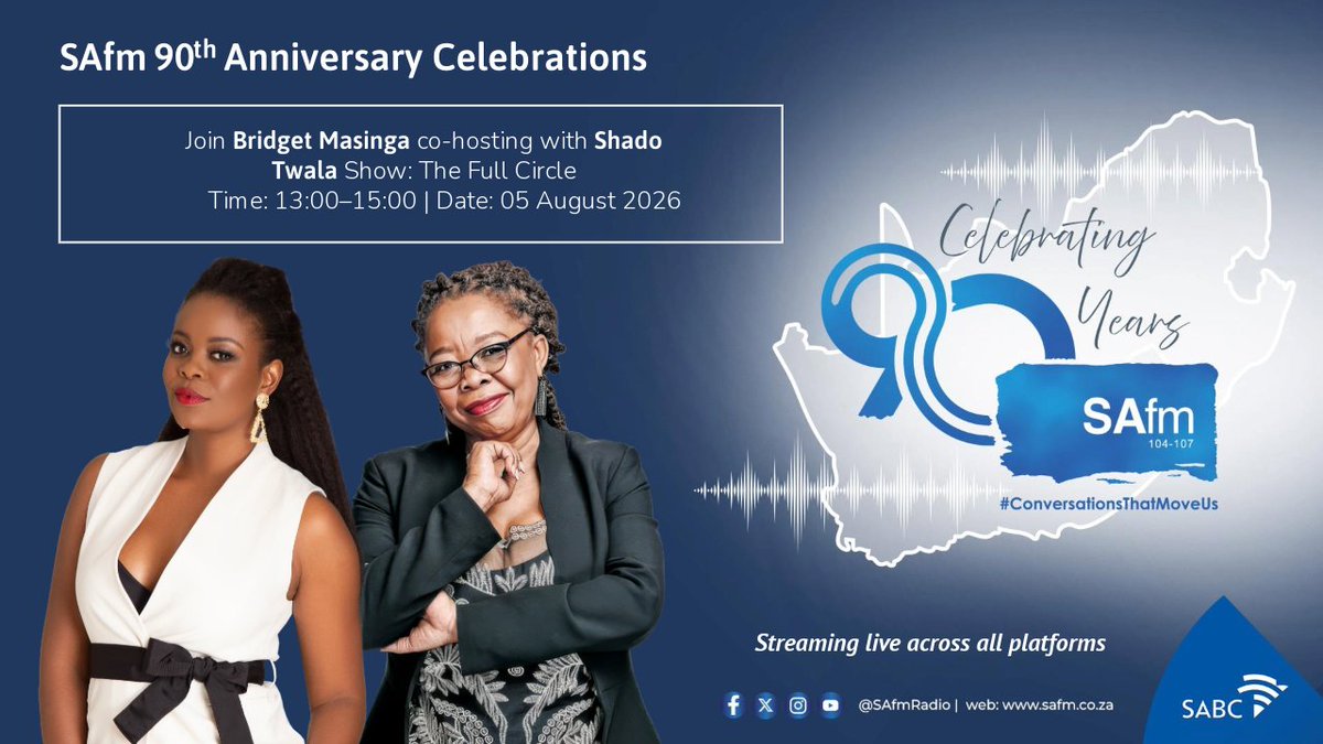 SAfmRadio's tweet photo. π Celebrating 90 Years of SAfm
This August, we are bringing together current and former presenters to celebrate the voices that have shaped our journey.
Catch Bridget Masinga co-hosting with Shado Twala on The Full Circle from 13:00β15:00.
#SAfm90 #ConversationsThatMoveUs #TheFullCircle #90YearsOfSAfm